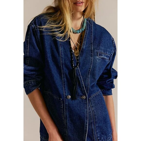 Free People Mathis Denim Jacket Womens M Boho Chic Chore Coat Country Rustic - Picture 1 of 9